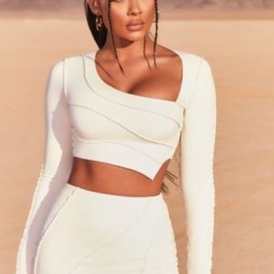 New Angle Exposed Seam Asymmetric Crop Top In Ivory